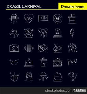 Brazil Carnival Hand Drawn Icon Pack For Designers And Developers. Icons Of Tea, Cup, Coffee, Tablet, Currency, Coin, Money, Cannon, Vector