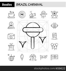 Brazil Carnival Hand Drawn Icon Pack For Designers And Developers. Icons Of Tea, Cup, Coffee, Tablet, Currency, Coin, Money, Cannon, Vector
