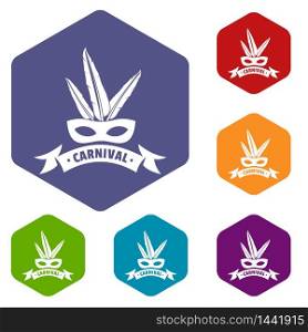 Brazil carnival icons vector colorful hexahedron set collection isolated on white. Brazil carnival icons vector hexahedron