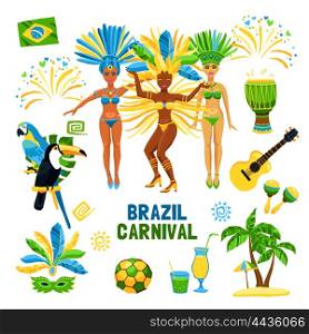 Brazil Carnival Isolated Icon Set. Set of decorative colored icons with different symbols of brazil carnival nature and people vector illustration
