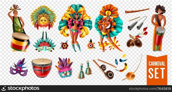 Brazil carnival participants musical instruments masks icons set isolated on transparent background realistic vector illustration