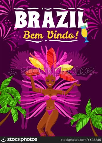 Brazil Carnival Poster. Brazil carnival poster with beautiful brazilian girl in exotic costume dancing samba on purple background vector illustration