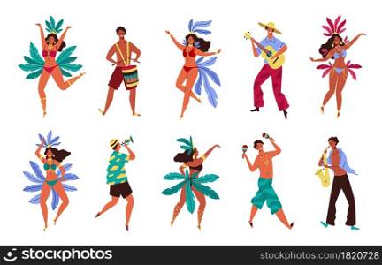 Brazil Carnival. Rio de janeiro samba festival. Happy women and men in colorful costumes with feathers and leaves. Cartoon young people dance and play music. Vector cute Brazilian holiday dancers set. Brazil Carnival. Rio de janeiro samba festival. Women and men in colorful costumes with feathers and leaves. Cartoon people dance and play music. Vector cute Brazilian holiday dancers set