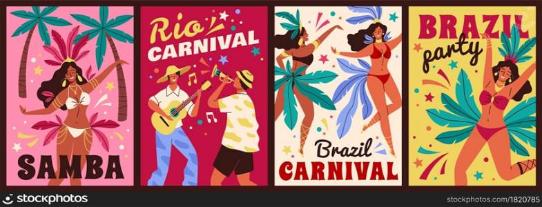 Brazil Carnival. Rio de janeiro samba festival. Happy women and men in colorful costumes with feathers and leaves. Cartoon young people dance and play music. Vector cute Brazilian holiday dancers set. Brazil carnival cards. Happy beautiful dancing latino women and musicians men, big annual festival, colourful feathers costumes. Rio de janeiro samba festival posters vector cartoon set