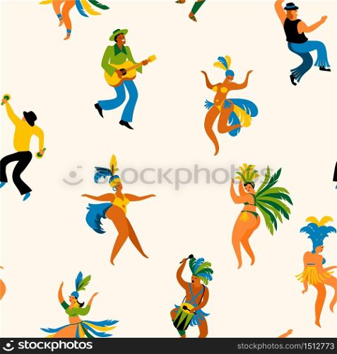 Brazil carnival. Seamless pattern with funny dancing men and women in bright costumes. Design element for carnival concept and other users. Brazil carnival. Seamless pattern with funny dancing men and women in bright costumes.
