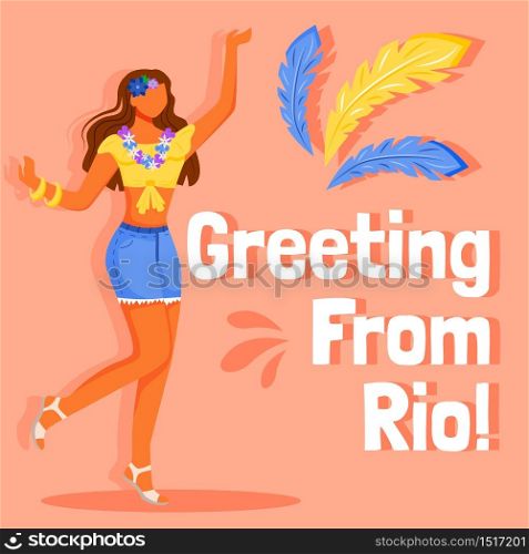 Brazil carnival social media post mockup. Greeting from Rio phrase. Web banner design template. Female in floral adornment booster, content layout, inscription. Poster, print ads and flat illustration