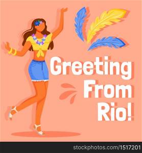Brazil carnival social media post mockup. Greeting from Rio phrase. Web banner design template. Female in floral adornment booster, content layout, inscription. Poster, print ads and flat illustration