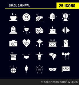 Brazil Carnival Solid Glyph Icon Pack For Designers And Developers. Icons Of Tea, Cup, Coffee, Tablet, Currency, Coin, Money, Cannon, Vector