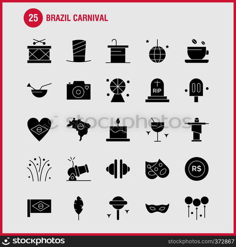 Brazil Carnival Solid Glyph Icon Pack For Designers And Developers. Icons Of Tea, Cup, Coffee, Tablet, Currency, Coin, Money, Cannon, Vector