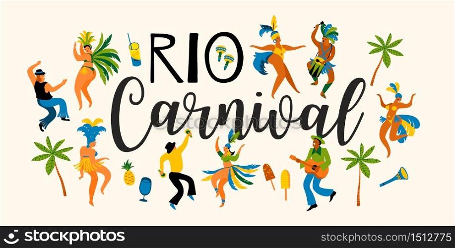 Brazil carnival. Vector illustration of funny dancing men and women in bright costumes. Design element for carnival concept and other users. Brazil carnival. Design element for carnival concept and other users.