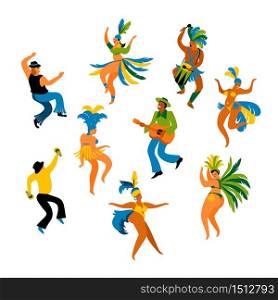Brazil carnival. Vector illustration of funny dancing men and women in bright costumes. Design element for carnival concept and other users. Brazil carnival. Vector illustration of funny dancing men and women in bright costumes.