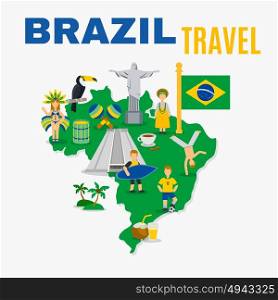 Brazil Culture Travel Agency Flat Poster. International travel agency love brazil poster with country map flag and symbols in national colors flat vector illustration