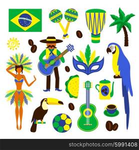 Brazil decorative set. Brazil decorative icons set with football carnival coffee parrot isolated vector illustration