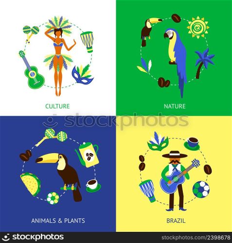 Brazil design concept set with nature culture animals and plants flat icons isolated vector illustration