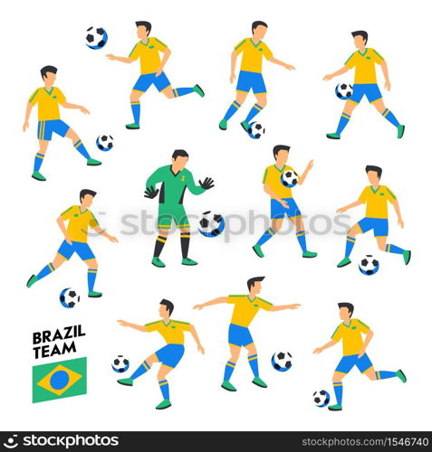 Brazil football team. Brazil soccer players. Full Football team, 11 players. Soccer players on different positions playing football. Colorful flat style illustration. Football cup. Vector illustration. Brazil football team. Brazil soccer players. Full Football team, 11 players. Soccer players on different positions playing football. Colorful flat style illustration. Football cup.