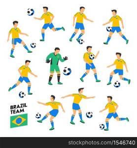 Brazil football team. Brazil soccer players. Full Football team, 11 players. Soccer players on different positions playing football. Colorful flat style illustration. Football cup. Vector illustration. Brazil football team. Brazil soccer players. Full Football team, 11 players. Soccer players on different positions playing football. Colorful flat style illustration. Football cup.