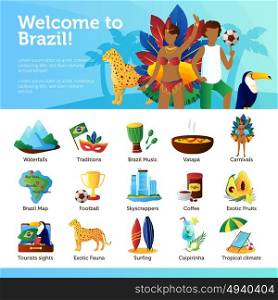 Brazil For Travelers Infographic Flat Poster . Brazilian traditions landmarks recreational and cultural attractions for tourists flat poster with infographic elements abstract vector illustration