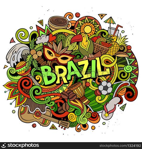 Brazil hand drawn cartoon doodles illustration. Funny travel design. Creative art vector background. Handwritten text with elements and objects. Colorful composition. Brazil hand drawn cartoon doodles illustration. Funny design.