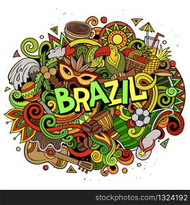 Brazil hand drawn cartoon doodles illustration. Funny travel design. Creative art vector background. Handwritten text with elements and objects. Colorful composition. Brazil hand drawn cartoon doodles illustration. Funny design.