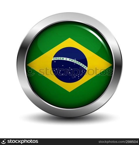 Brazil icon silver glossy badge button with Brazilian flag and shadow vector EPS 10 illustration on white background.
