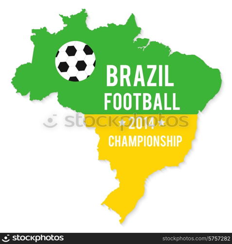 Brazil map in the colors of the flag with soccer ball and text of Brazil football championship 2014