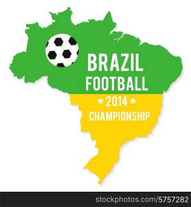 Brazil map in the colors of the flag with soccer ball and text of Brazil football championship 2014