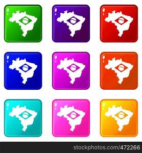 Brazil map with flag icons of 9 color set isolated vector illustration. Brazil map with flag icons 9 set