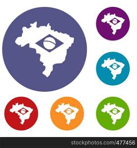 Brazil map with flag icons set in flat circle red, blue and green color for web. Brazil map with flag icons set