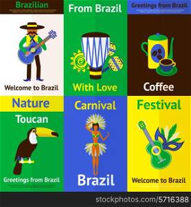 Brazil mini poster set with tourism nature music carnival symbols isolated vector illustration