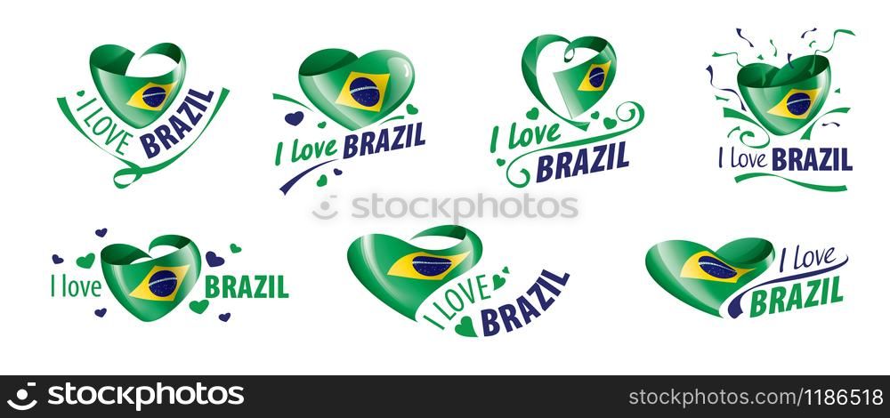 Brazil national flag, vector illustration on a white background. National flag of the Brazil in the shape of a heart and the inscription I love Brazil. Vector illustration