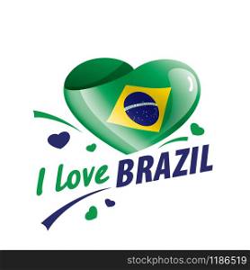Brazil national flag, vector illustration on a white background. National flag of the Brazil in the shape of a heart and the inscription I love Brazil. Vector illustration
