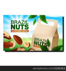 Brazil Nuts Creative Promotional Banner Vector. Brazil Nuts Blank Bag And Tree Branch With Green Leaves On Advertising Poster. Vitamin Nutrition Style Concept Template Illustration. Brazil Nuts Creative Promotional Banner Vector