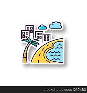 Brazil ocean beach patch. RGB color printable sticker. Skyscrapers and pond. Buildings. Road along coast with palm. San Paulo. Rio de Janeiro. Vector isolated illustration