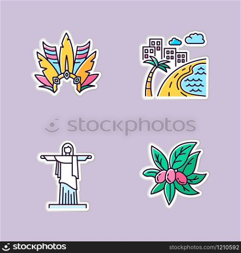 Brazil printable patches. Crown with plumage. South America cityscape. Christ the Redeemer. Religion sculpture. San Paulo. Rio de Janeiro. Vector isolated illustrations