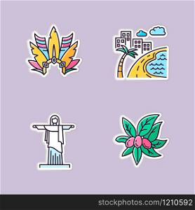 Brazil printable patches. Crown with plumage. South America cityscape. Christ the Redeemer. Religion sculpture. San Paulo. Rio de Janeiro. Vector isolated illustrations