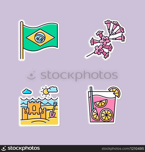 Brazil printable patches. National flag. RGB color stickers, pins and badges set. Plumeria. Caipirinha. Sand castle on the coast. Traditional cocktail. Ocean beach. Vector isolated illustrations