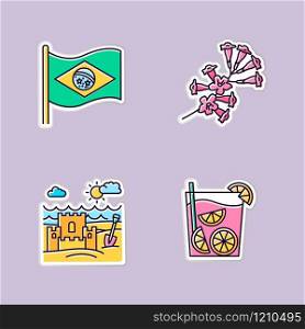 Brazil printable patches. National flag. RGB color stickers, pins and badges set. Plumeria. Caipirinha. Sand castle on the coast. Traditional cocktail. Ocean beach. Vector isolated illustrations