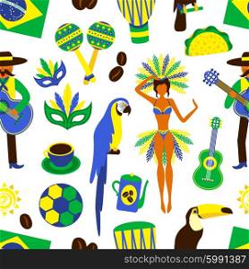 Brazil seamless pattern. Brazil seamless pattern with football carnival coffee parrot samba guitar vector illustration