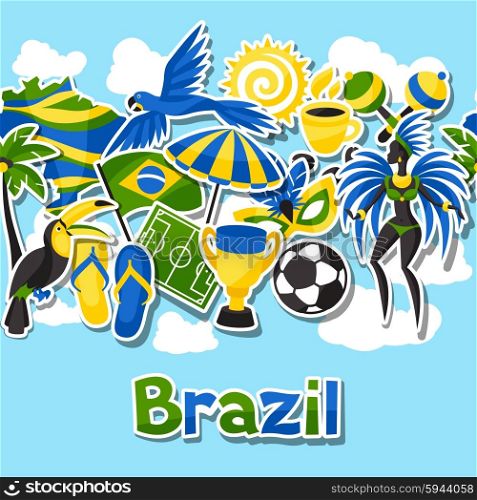 Brazil seamless pattern with sticker objects and cultural symbols. Brazil seamless pattern with sticker objects and cultural symbols.