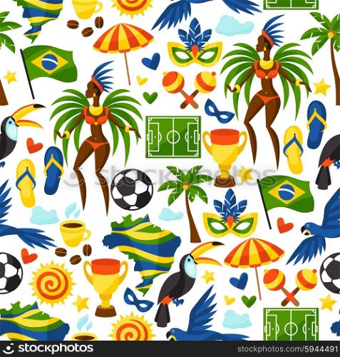 Brazil seamless pattern with stylized objects and cultural symbols. Brazil seamless pattern with stylized objects and cultural symbols.