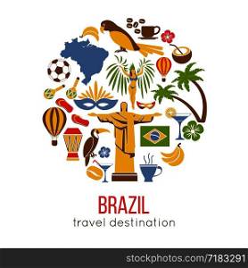 Brazil sightseeing landmarks and famous vector travel attractions poster. Vector flat icons of Brazilian flag and map, Christ Redeemer in Rio de Janeiro, samba carnival drums, coffee and football. Brazil sightseeing landmarks and famous vector travel attractions poster.