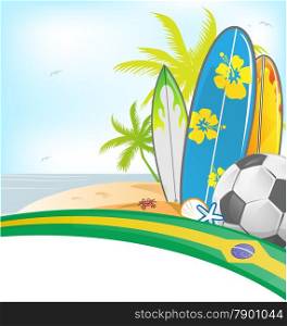 brazil summer background with surfboard and soccer ball