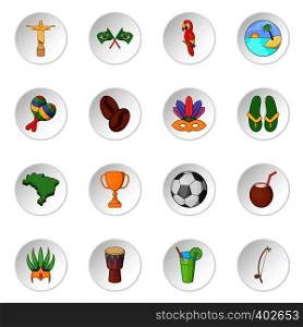 Brazil travel icons set. Cartoon illustration of 16 Brazil travel items vector icons for web. Brazil travel icons set