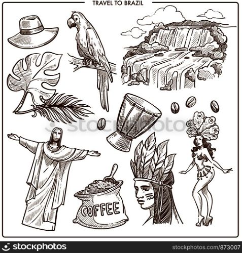Brazil travel landmarks and famous tourism symbols sketch. Vector Brazilian coffee, Christ Redeemer on Corcovado in Rio de Janeiro, samba carnival drum and parrot or palm leaf and Indigenous Brazilian. Brazil travel landmarks and famous tourism symbols sketch. Vecto
