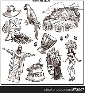 Brazil travel landmarks and famous tourism symbols sketch. Vector Brazilian coffee, Christ Redeemer on Corcovado in Rio de Janeiro, samba carnival drum and parrot or palm leaf and Indigenous Brazilian. Brazil travel landmarks and famous tourism symbols sketch. Vecto