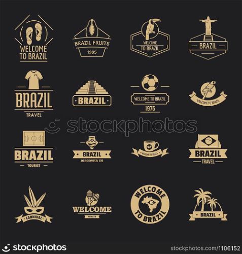 Brazil travel logo icons set. Simple illustration of 16 Brazil travel logo vector icons for web. Brazil travel logo icons set, simple style