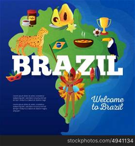 Brazil Travel Map Symbols Flat Poster . Brasil cultural symbols map for travelers flat poster with toucan bird and football cup trophy abstract vector illustration