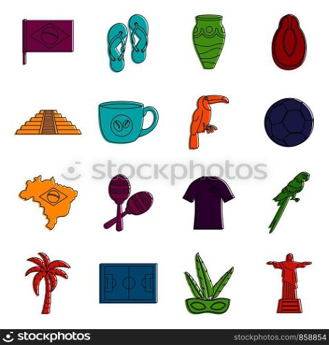 Brazil travel symbols icons set. Doodle illustration of vector icons isolated on white background for any web design. Brazil travel symbols icons doodle set