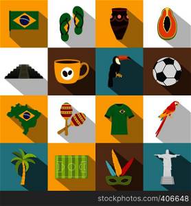 Brazil travel symbols icons set. Flat illustration of 16 Brazil travel symbols vector icons for web. Brazil travel symbols icons set, flat style