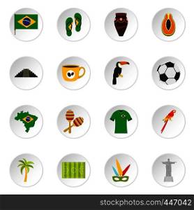 Brazil travel symbols icons set in flat style isolated vector icons set illustration. Brazil travel symbols icons set in flat style